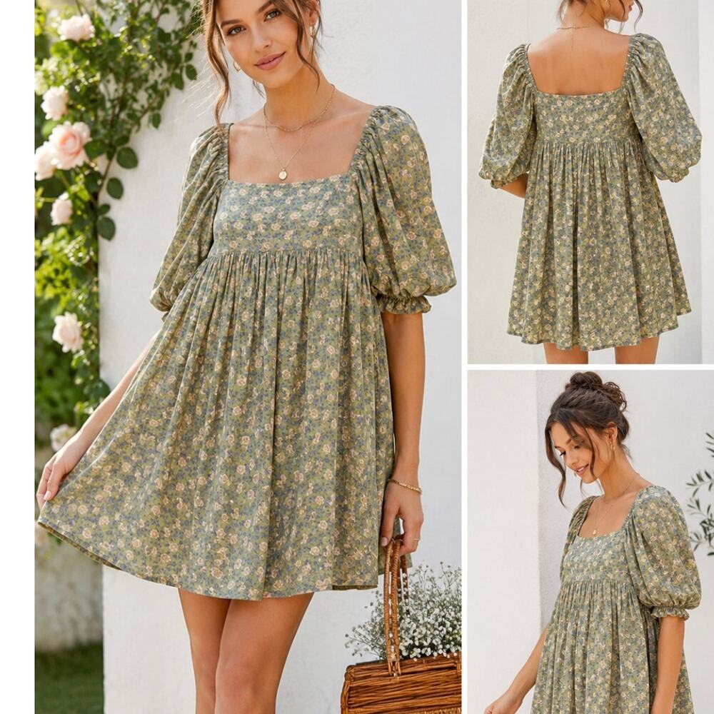 Floral Square-Neck Puff Sleeve Mini Dress - Olive Green